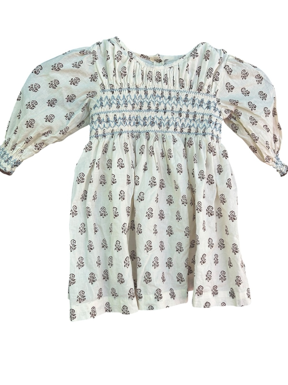 Pink Chicken Nora Dress Muted Brown on Cream Floral With Blue Smocking 12-18 Mos